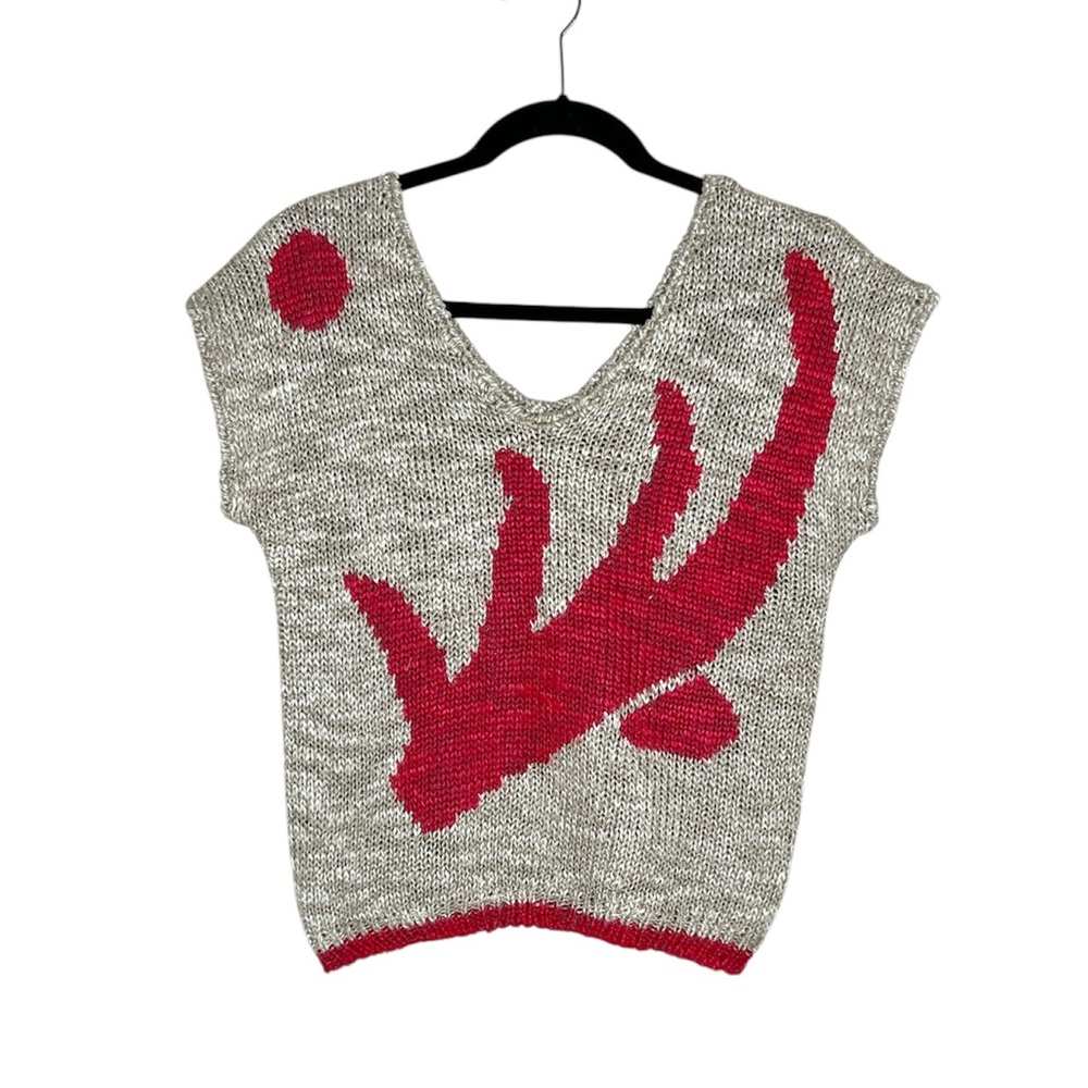 Vintage David Brett Linen Blend Tan and Red Double V Neck Sweater Top size M